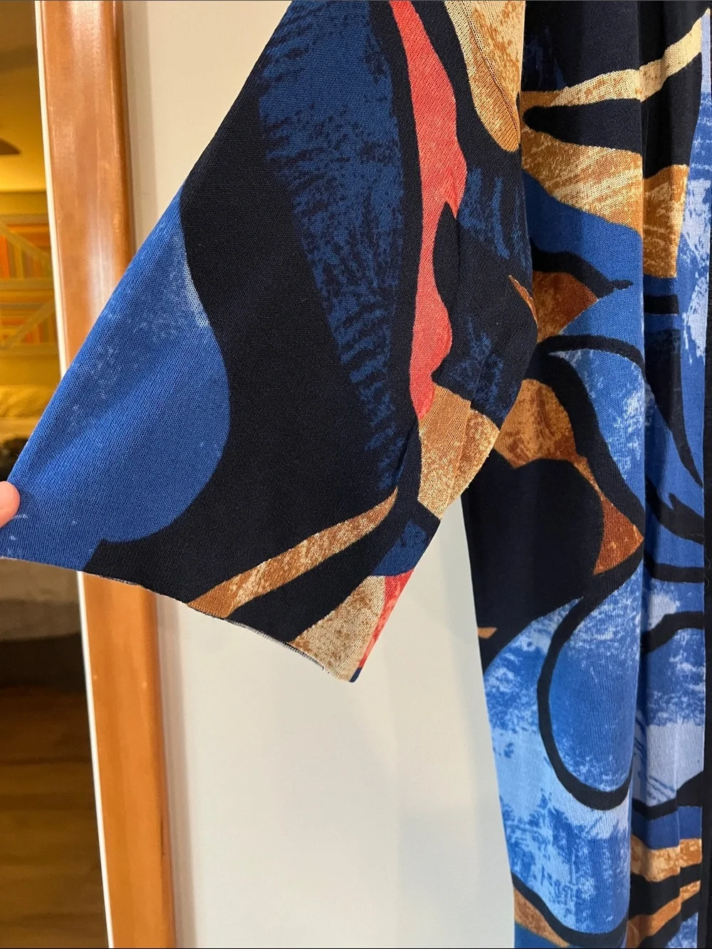 Chico's - Blue, Coral Abstract Open-Front Duster Kimono, long line, lightweight